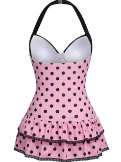 Fashion Retro Stage Pink 1940s Halter Polka Dots Bow One-Piece Swimsuit