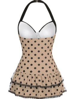 Fashion Retro Stage Pink 1940s Halter Polka Dots Bow One-Piece Swimsuit