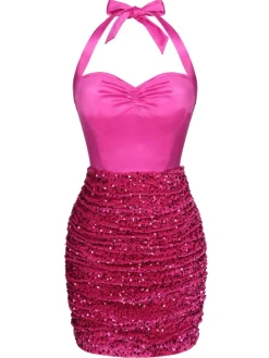Clearance Retro Stage 1960s Halter Sequined Wrap Dress Pink