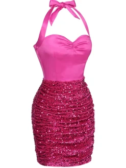 Clearance Retro Stage 1960s Halter Sequined Wrap Dress Pink