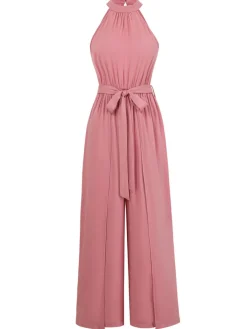 Discount Retro Stage 1940s Halter Slit Solid Belted Jumpsuit Pink