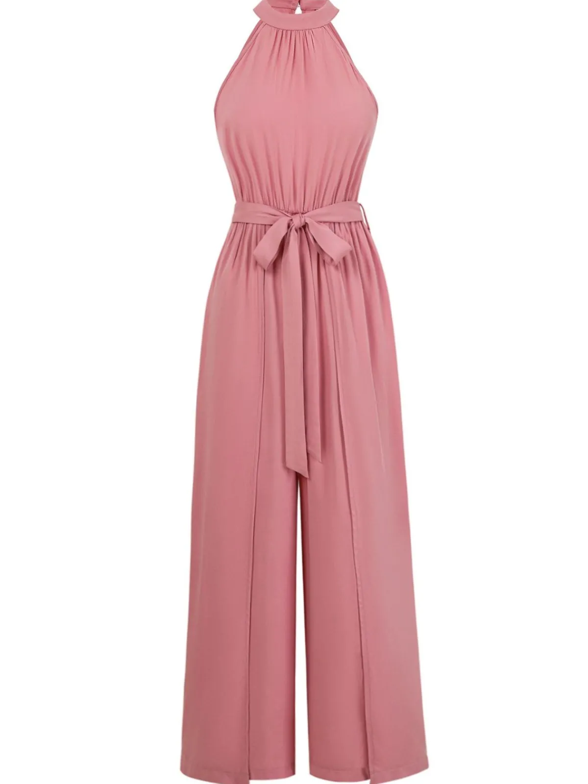 Discount Retro Stage 1940s Halter Slit Solid Belted Jumpsuit Pink