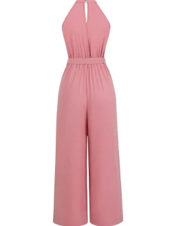 Discount Retro Stage 1940s Halter Slit Solid Belted Jumpsuit Pink