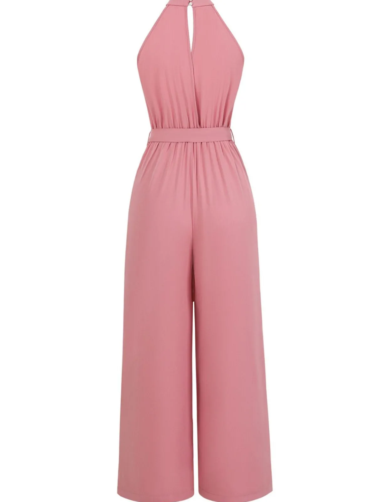 Discount Retro Stage 1940s Halter Slit Solid Belted Jumpsuit Pink