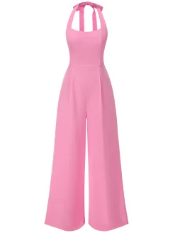 Clearance Retro Stage 1950s Halter Solid Jumpsuit Pink