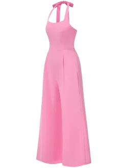 Clearance Retro Stage 1950s Halter Solid Jumpsuit Pink