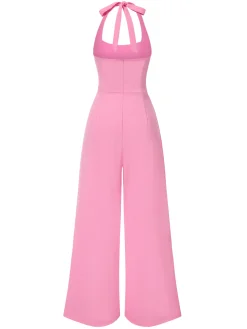 Clearance Retro Stage 1950s Halter Solid Jumpsuit Pink
