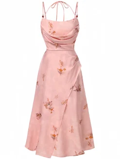 Online Retro Stage 1930s Halter Strap Floral Satin Dress Pink