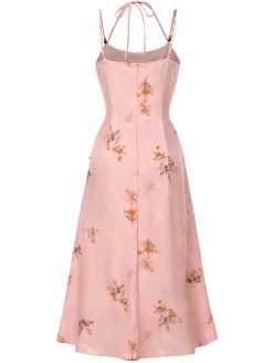 Online Retro Stage 1930s Halter Strap Floral Satin Dress Pink