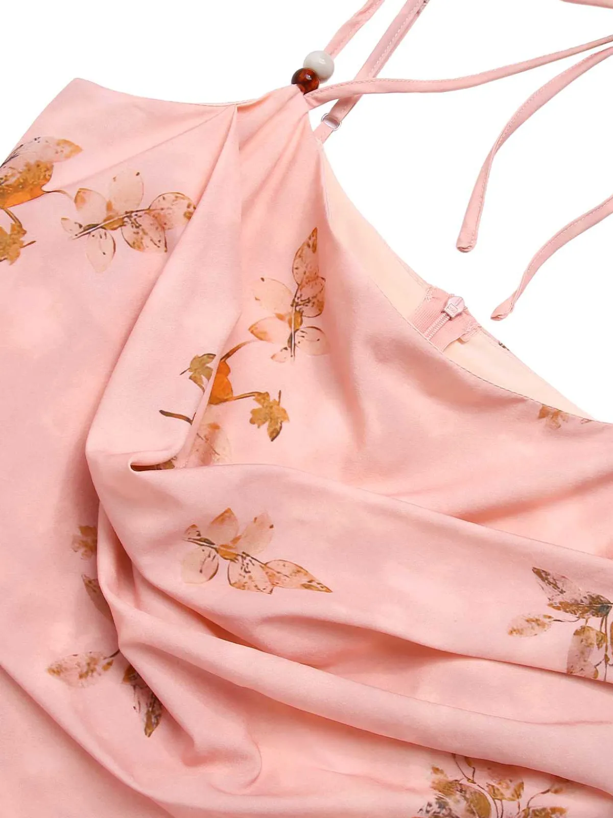 Online Retro Stage 1930s Halter Strap Floral Satin Dress Pink