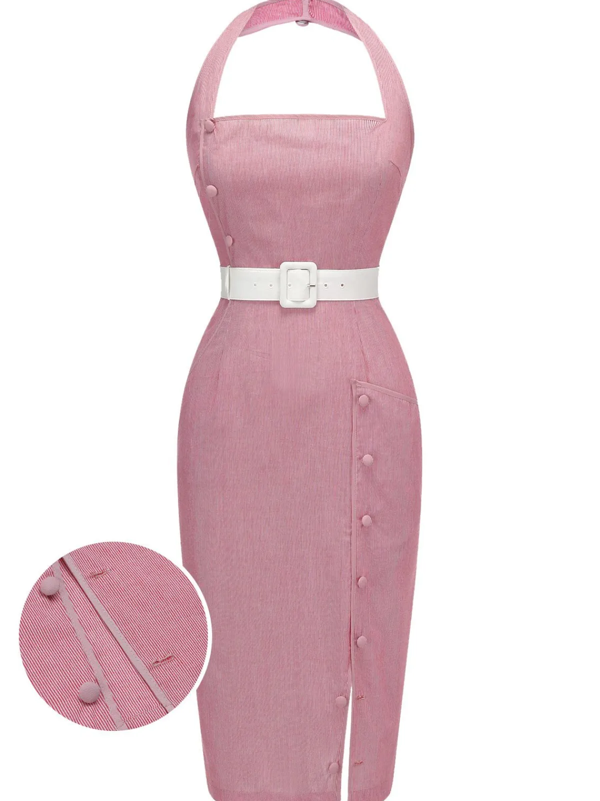 Sale Retro Stage 1960s Halter Stripes Belted Bodycon Dress Pink