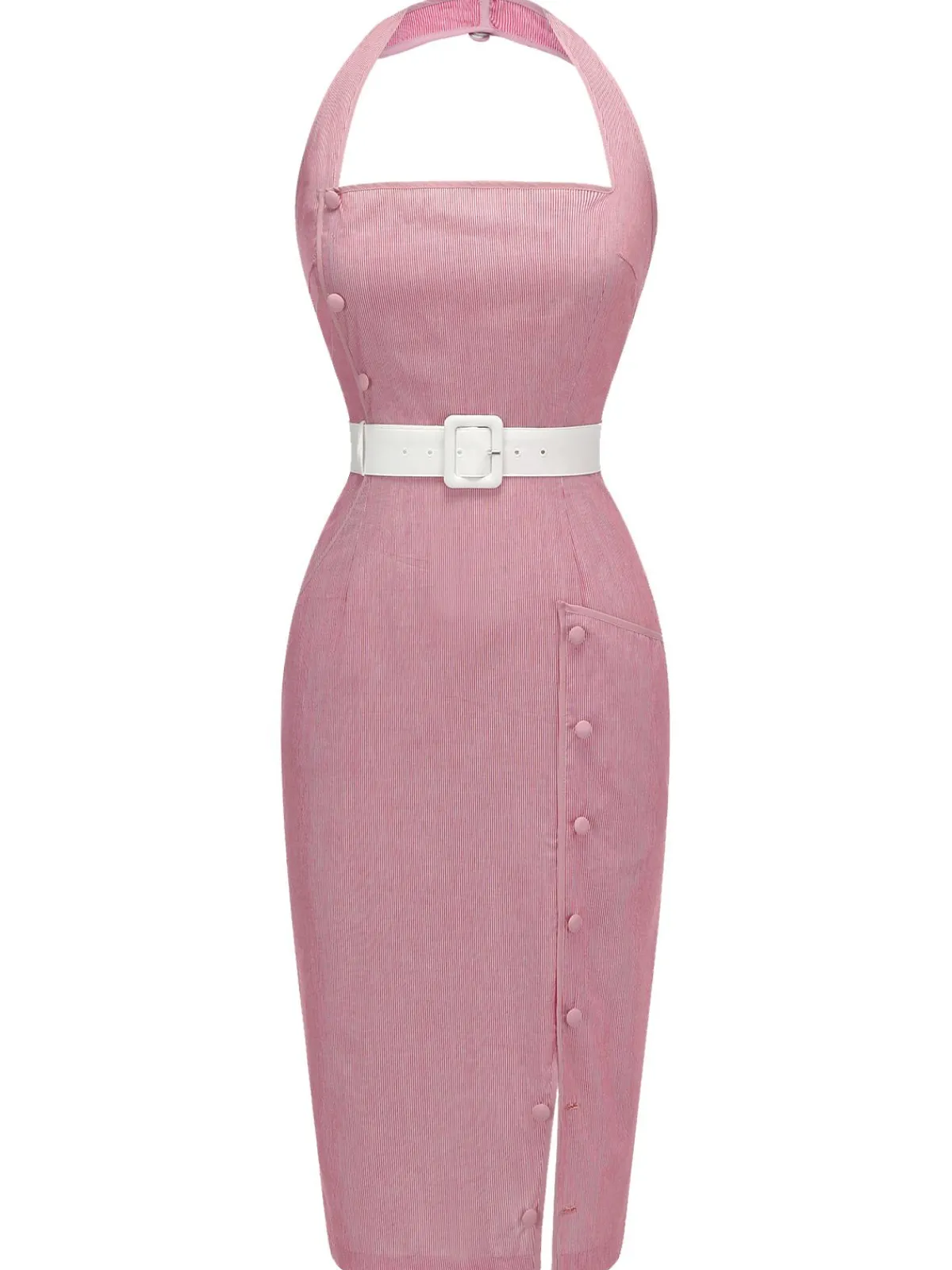 Sale Retro Stage 1960s Halter Stripes Belted Bodycon Dress Pink