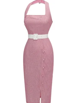 Sale Retro Stage 1960s Halter Stripes Belted Bodycon Dress Pink