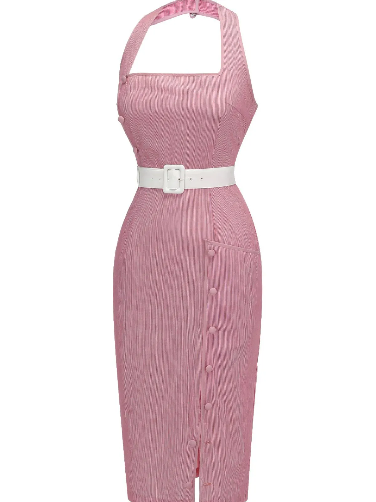 Sale Retro Stage 1960s Halter Stripes Belted Bodycon Dress Pink
