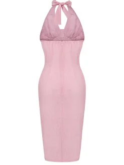 Clearance Retro Stage 1960s Halter Stripes Slit Dress Pink