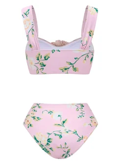 Best Retro Stage 1930s Handmade 3D Flower Pleated Swimsuit Pink