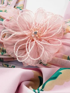 Best Retro Stage 1930s Handmade 3D Flower Pleated Swimsuit Pink