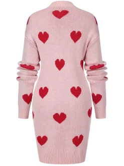 Fashion Retro Stage 1930s Heart Long Knitted Cardigan Pink