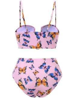 Discount Retro Stage 1950s Hollow Ring Butterfly Bikini Set Pink