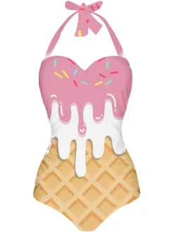 Best Retro Stage 1970s Ice-Cream Halter Swimsuit Pink