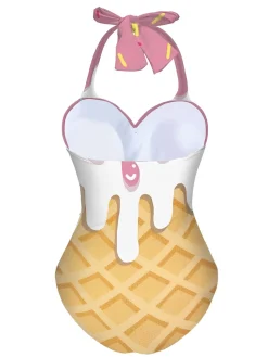 Best Retro Stage 1970s Ice-Cream Halter Swimsuit Pink