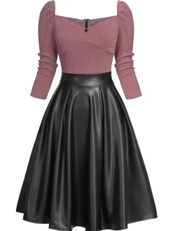 Sale Retro Stage Pink 1950s Knitted Leather Patchwork Dress