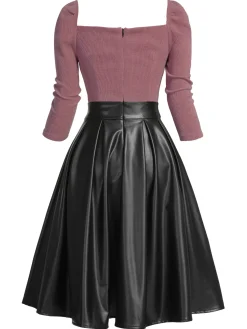 Sale Retro Stage Pink 1950s Knitted Leather Patchwork Dress