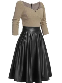 Sale Retro Stage Pink 1950s Knitted Leather Patchwork Dress