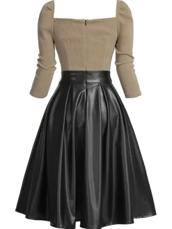 Sale Retro Stage Pink 1950s Knitted Leather Patchwork Dress