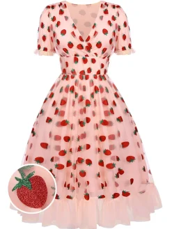 Fashion Retro Stage 1950s Lace Strawberry Swing Dress Pink