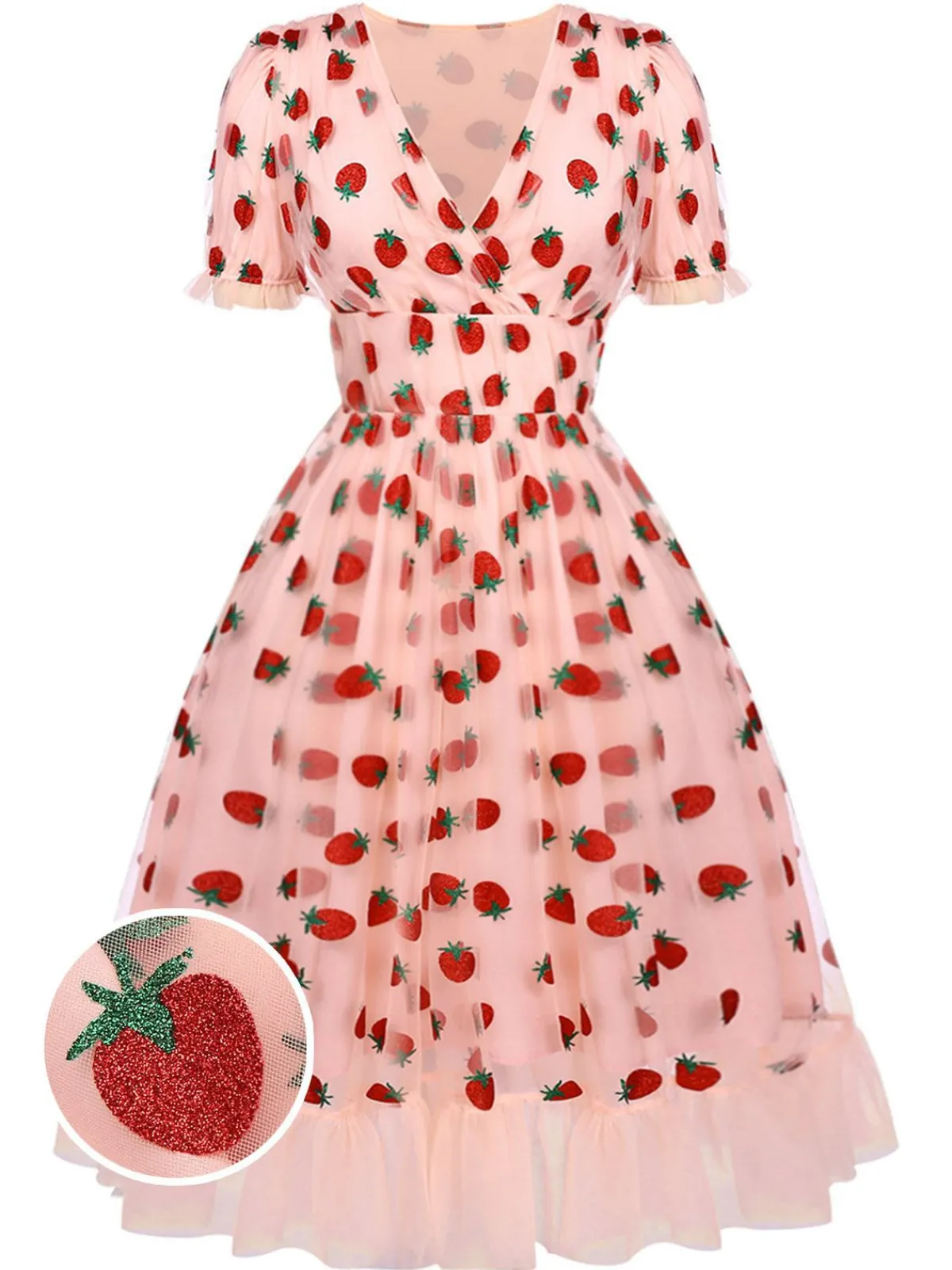 Fashion Retro Stage 1950s Lace Strawberry Swing Dress Pink