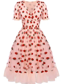 Fashion Retro Stage 1950s Lace Strawberry Swing Dress Pink