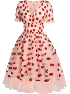 Fashion Retro Stage 1950s Lace Strawberry Swing Dress Pink