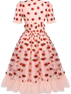 Fashion Retro Stage 1950s Lace Strawberry Swing Dress Pink