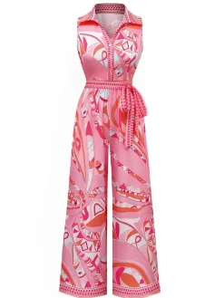 New Retro Stage 1930s Lapel Belted Boho Jumpsuit Pink
