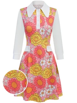 Best Retro Stage Pink 1960s Lapel Flowers Patchwork Dress