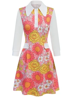 Best Retro Stage Pink 1960s Lapel Flowers Patchwork Dress