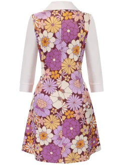Best Retro Stage Pink 1960s Lapel Flowers Patchwork Dress