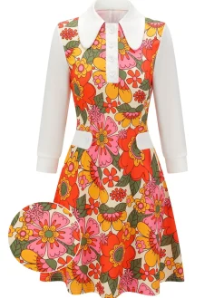 Best Retro Stage Pink 1960s Lapel Flowers Patchwork Dress