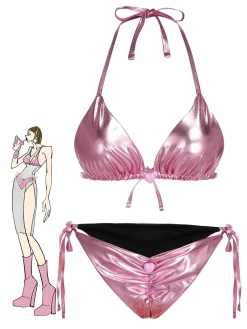 New Retro Stage 1970s Metallic 3D Heart Swimsuit Pink