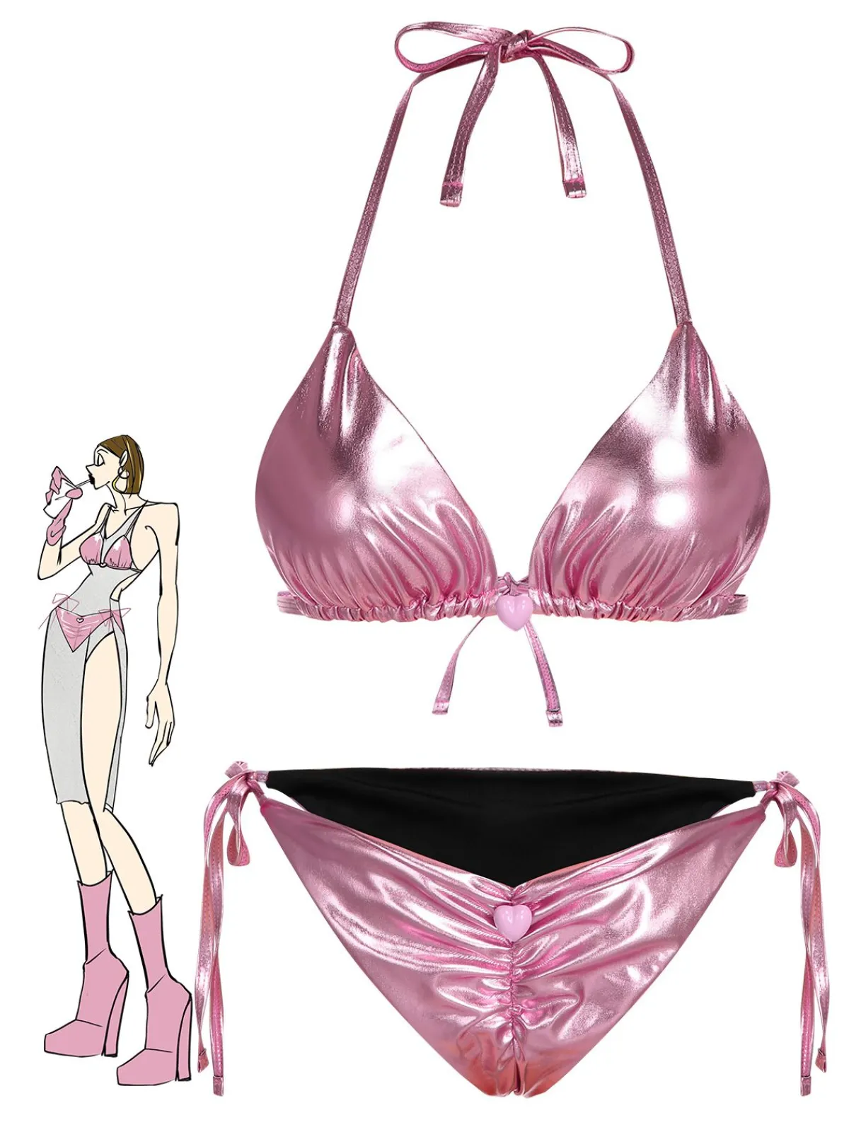 New Retro Stage 1970s Metallic 3D Heart Swimsuit Pink