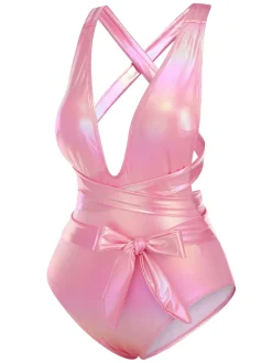 Discount Retro Stage 1970s Metallic Lace-Up Swimsuit Pink