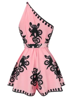 Best Retro Stage Pink 1940s Oblique Neck Tribal Printed Romper