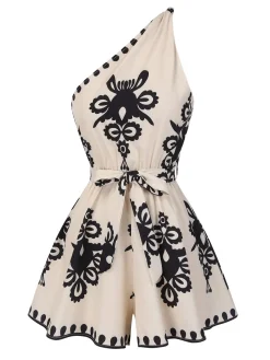 Best Retro Stage Pink 1940s Oblique Neck Tribal Printed Romper