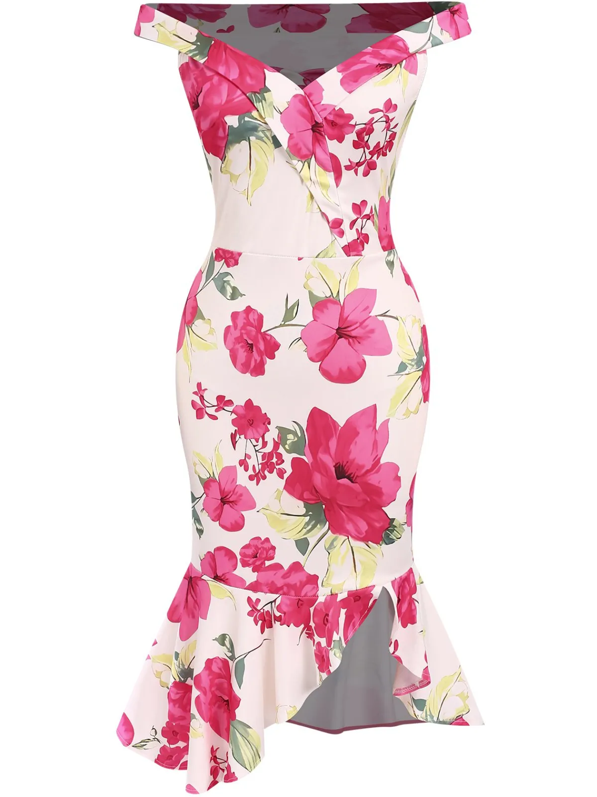 Sale Retro Stage 1930s Off-Shoulder Floral Mermaid Dress Pink