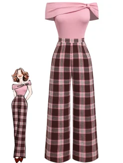 Discount Retro Stage 1930s Off-Shoulder Plaids Jumpsuit Pink
