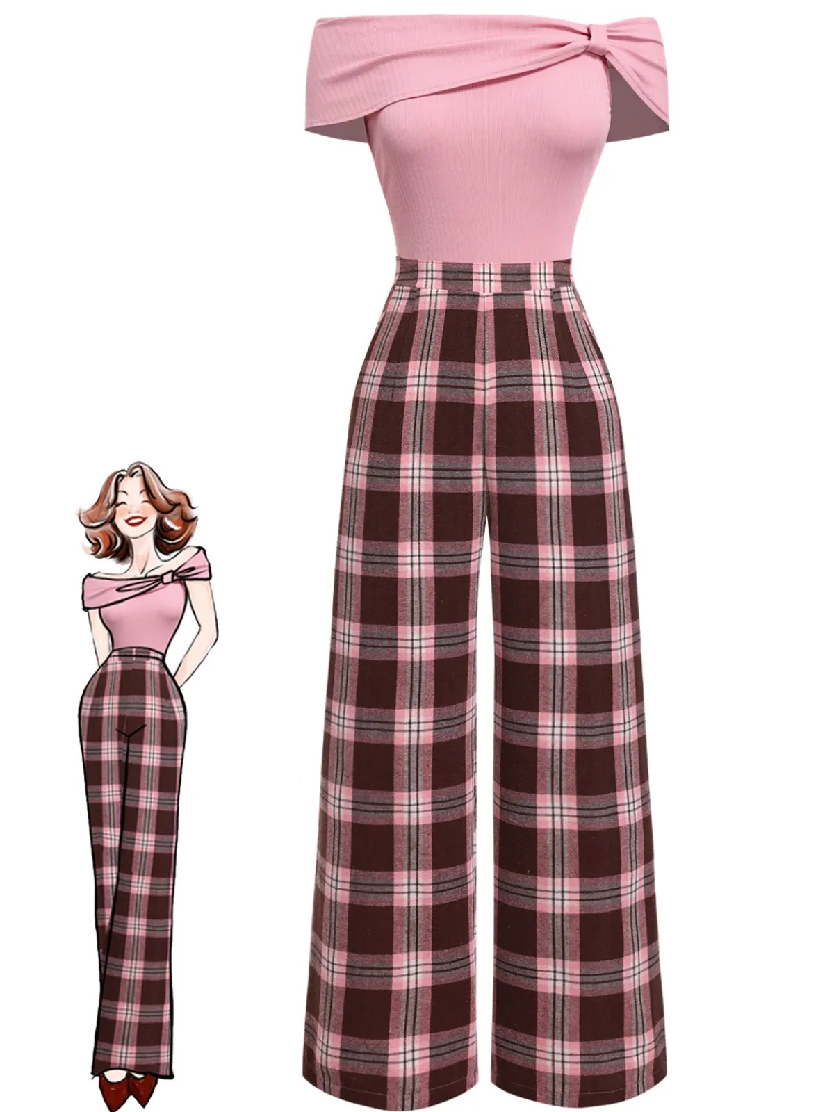 Discount Retro Stage 1930s Off-Shoulder Plaids Jumpsuit Pink
