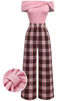 Discount Retro Stage 1930s Off-Shoulder Plaids Jumpsuit Pink