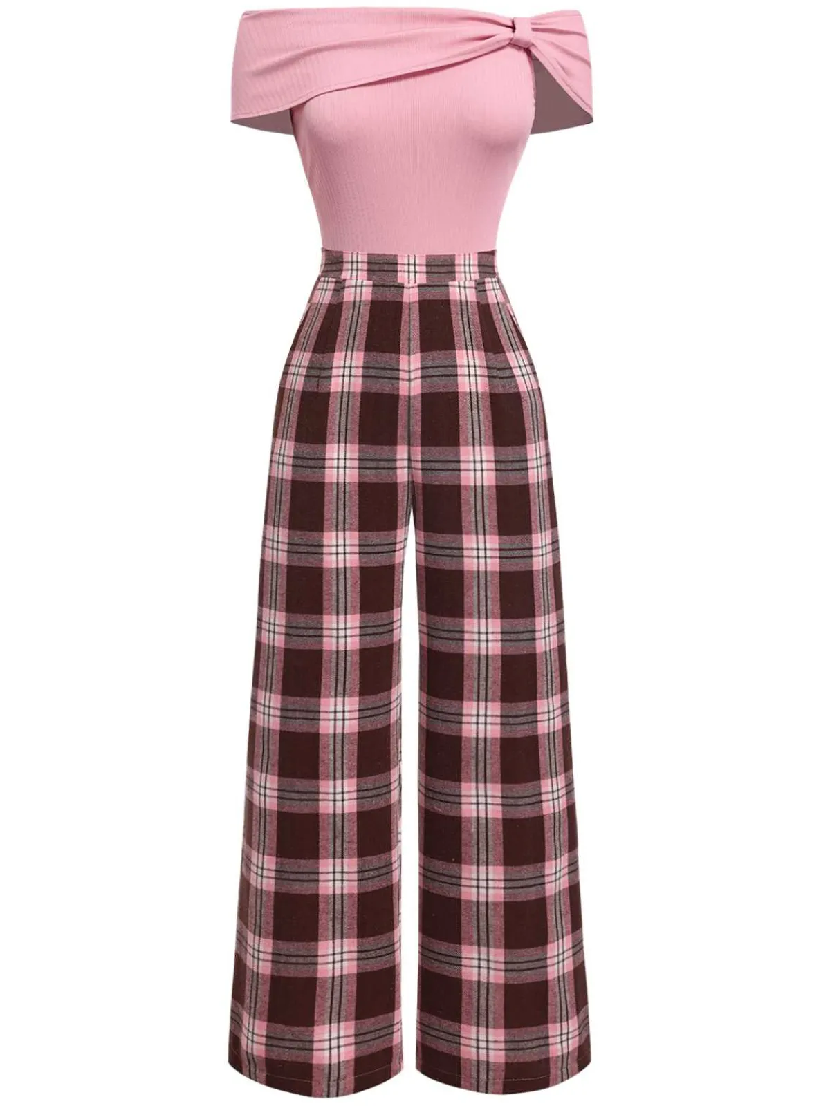 Discount Retro Stage 1930s Off-Shoulder Plaids Jumpsuit Pink