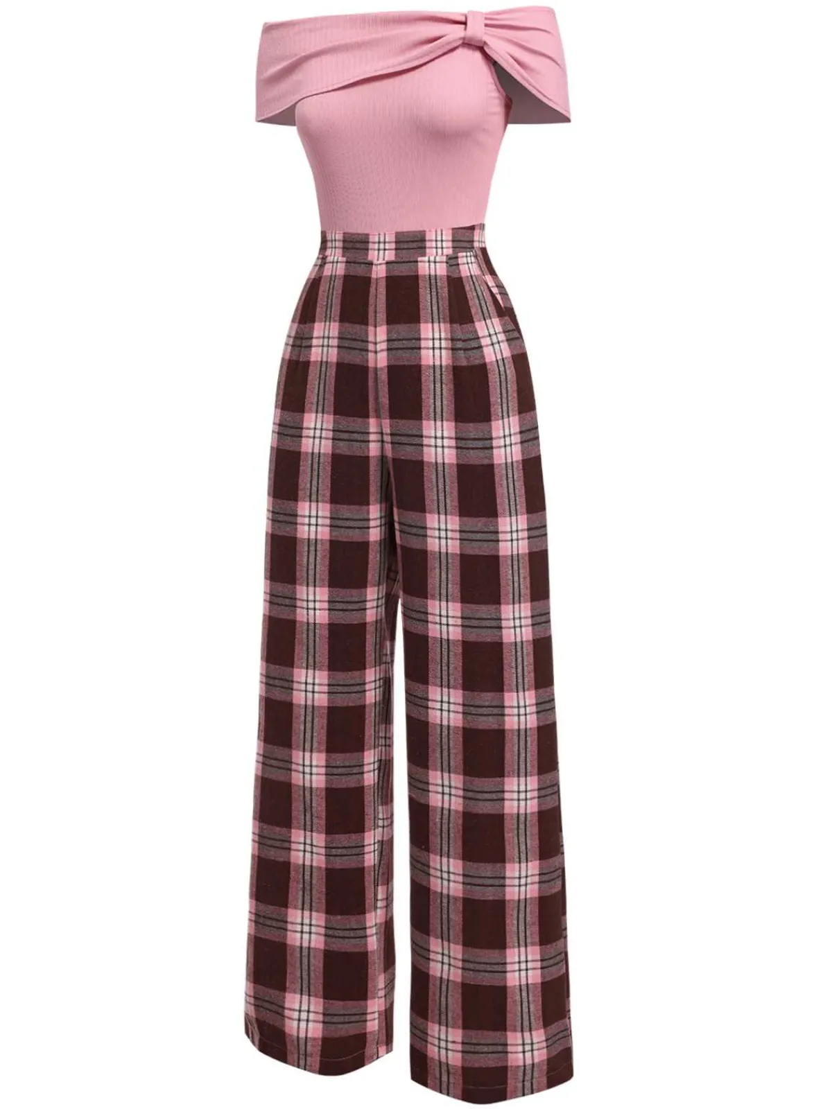 Discount Retro Stage 1930s Off-Shoulder Plaids Jumpsuit Pink